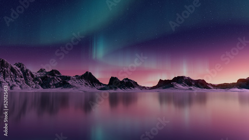 Winter Landscape with Aurora Borealis. Blue Sky Banner with copy-space.