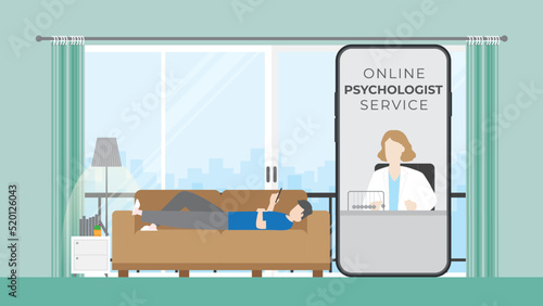 Virtual hospital, Online psychotherapy, medical consult and tele medicine concept. Doctor and patient discussing on mobile phone screen. Application technology for mind therapy by a psychologist help.