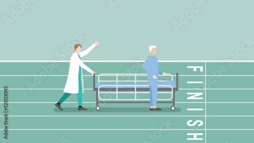Elderly patient hospitalization, treatment, physical medicine, rehabilitation, and medical concept. Senior diseased male cured of illness with a cheerful doctor. Walking aim to goal finish line track.