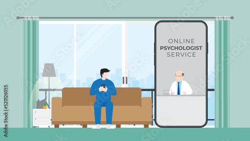 Virtual hospital, Online psychotherapy, medical consult and tele medicine concept. Doctor and patient discussing on mobile phone screen. Application technology for mind therapy by a psychologist help.