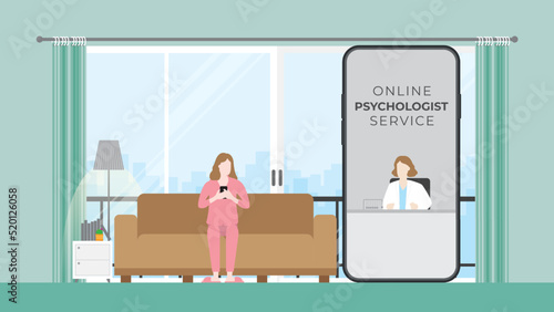 Virtual hospital, Online psychotherapy, medical consult and tele medicine concept. Doctor and patient discussing on mobile phone screen. Application technology for mind therapy by a psychologist help.