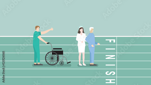 Elderly patient hospitalization, treatment, physical medicine, rehabilitation and medical. Senior diseased male cure from illness with cheerful physical therapist and nurse. Aim to finish line track.