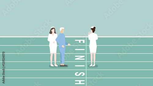 Elderly patient hospitalization, treatment, physical medicine, rehabilitation and medical concept. Senior diseased male cure from illness with cheerful nurse service. Aim to goal finish line track.