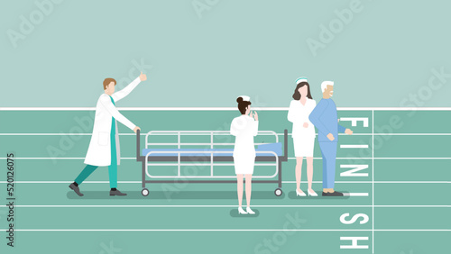 Elderly patient hospitalization, treatment, physical medicine, rehabilitation and medical concept. Senior diseased male cure from illness with cheerful doctor and nurse. Aim to goal finish line track. © kora_sun