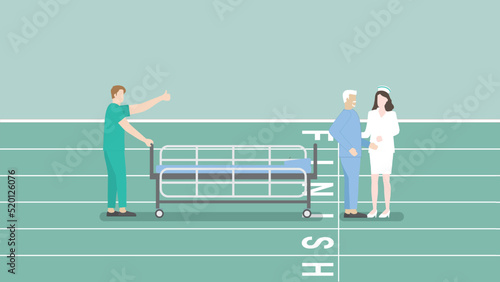 Elderly patient hospitalization, treatment, physical medicine, rehabilitation and medical. Senior diseased male cure from illness with cheerful physical therapist and nurse. Aim to finish line track.