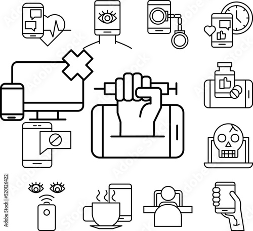 Addiction, smartphone, syringe icon in a collection with other items