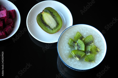 Colorful fruit and vegetable 、Asian Rice Porridge background 