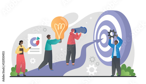Business leadership concept. Men and girls look at target and goal, motivation and leadership. Employees evaluate how company developing. Teamwork and partnership. Cartoon flat vector illustration