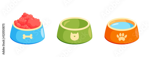 Bowl with food and water. Pet bowl for cat or dog for kibbles and water. Vector illustration in cute cartoon style