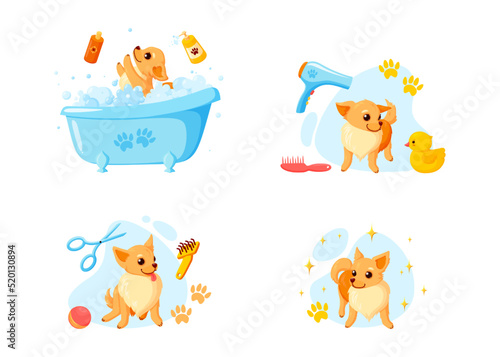 Dog grooming in a bath with pet shampoo, combs and rubber ducks. Playful chihuahua puppy in grooming service. Vector illustration in cute cartoon style