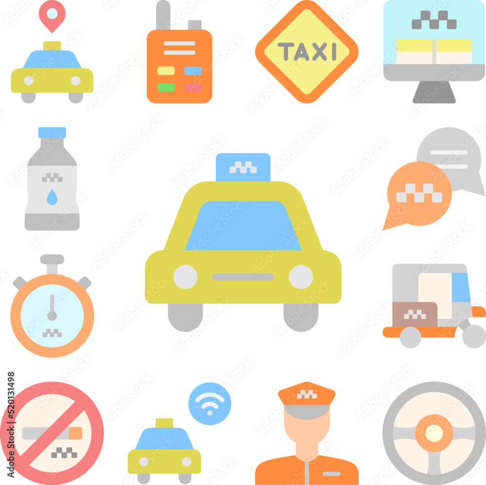 Taxi, car icon in a collection with other items Taxi, car icon in a collection with other items