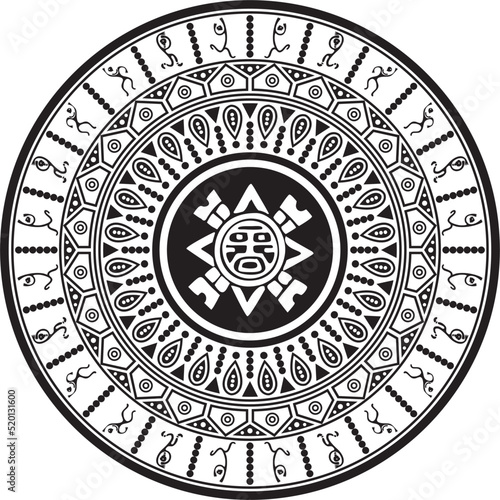 Vector monochrome Aztec ritual circle. Geometric round Native American ornament. Jewelry of ancient shamans.