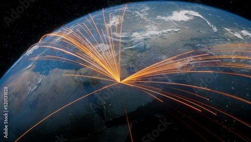 Earth in Space. Orange Lines connect Riyadh Saudi, Arabia with Cities across the World. International Travel or Networking Concept.
