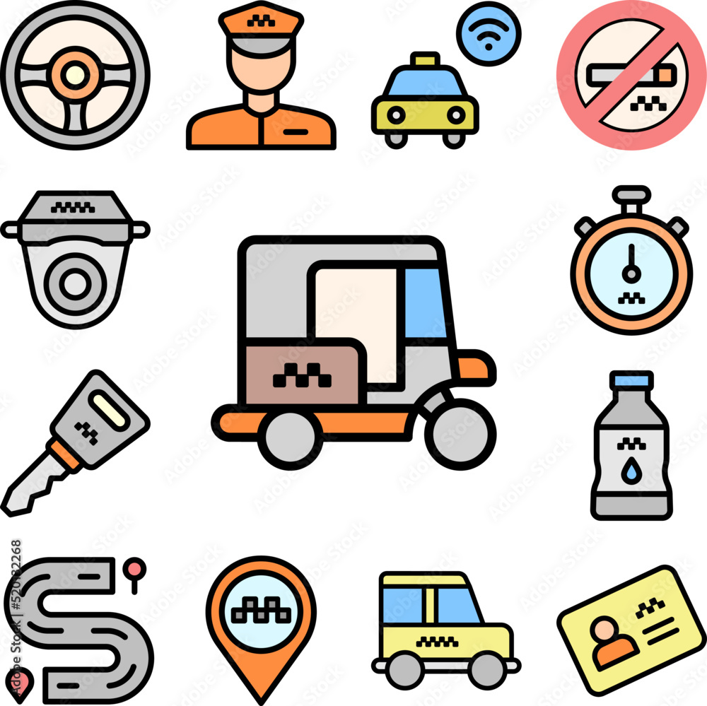 Tuk tuk, car icon in a collection with other items Tuk tuk, car icon in a collection with other items
