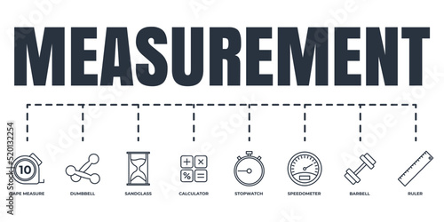 Measuring  measure  measurement banner web icon set. stopwatch  ruler  tape measure  sand glass  speedometer  barbell  calculator  dumbbell vector illustration concept.