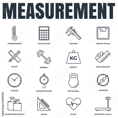 Set of Measuring icon logo vector illustration. measure, measurement pack symbol. kettle bell, ruler, weight scale and more template for graphic and web design collection
