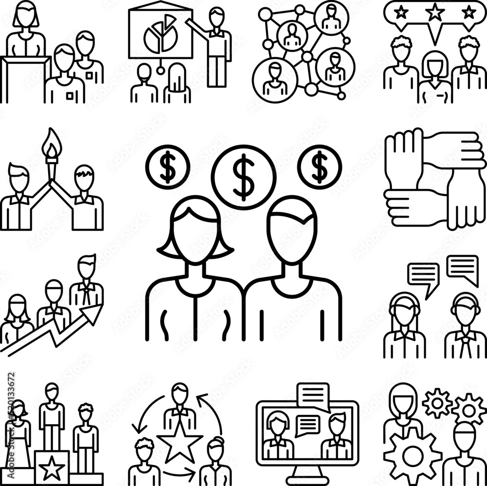 Workers, man, woman, money icon in a collection with other items Workers, man, woman, money icon in a collection with other items