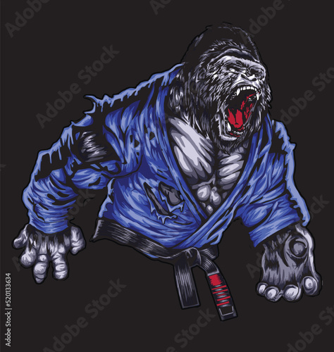 illustrations background isolated on black gorilla jiu-jitsu for poster, t-shirt print, business element, social media content, blog, sticker, vlog, and card. vector illustration.                   