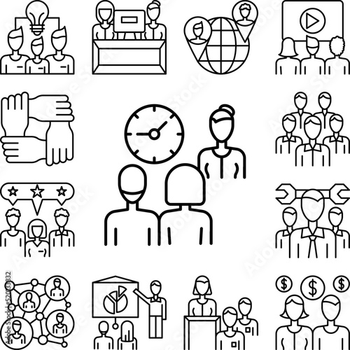 Team, worker, time, watch icon in a collection with other items