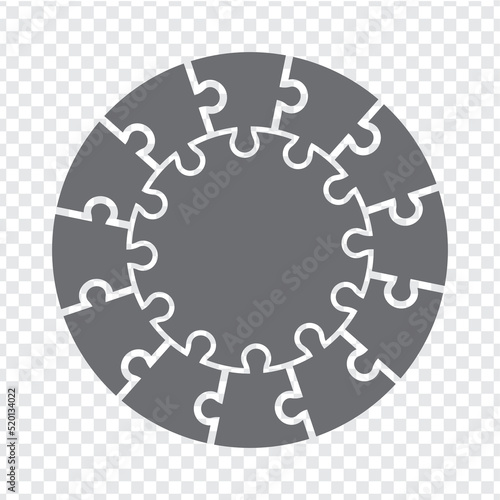 Simple icon circle puzzle in gray. Simple icon puzzle of the twelve elements  and center on transparent background.  Vector illustration EPS10.
