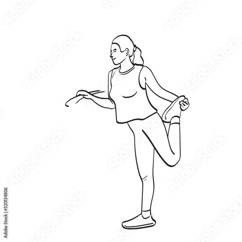 full length of young woman runner warming up before running illustration vector hand drawn isolated on white background line art.