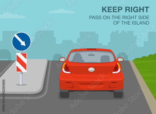 Safe driving tips and traffic regulation rules. Keep right, pass on the right side of the island or obstruction. Back view of a traffic flow on a city road. Flat vector illustration template.