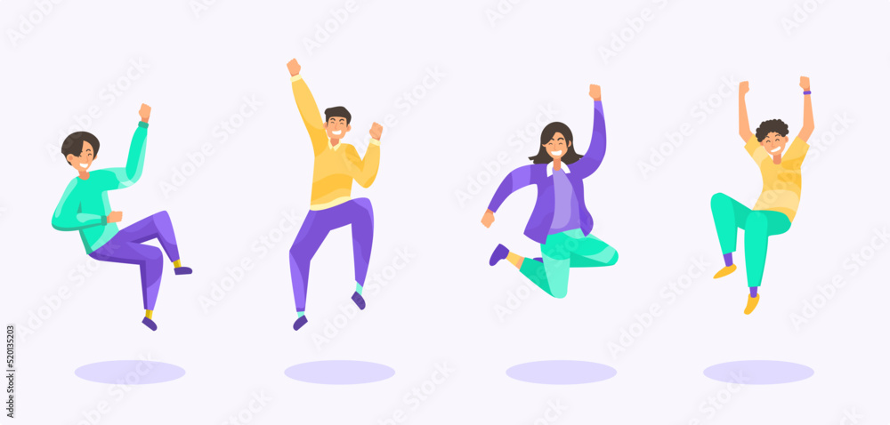 people jump set. Young cute teenage boys, girls jumping together for joy fun celebration
