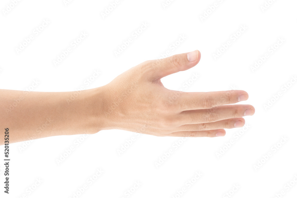 Close-up photo of a hand outstretched in front, Isolated on white background, Clipping path Included.