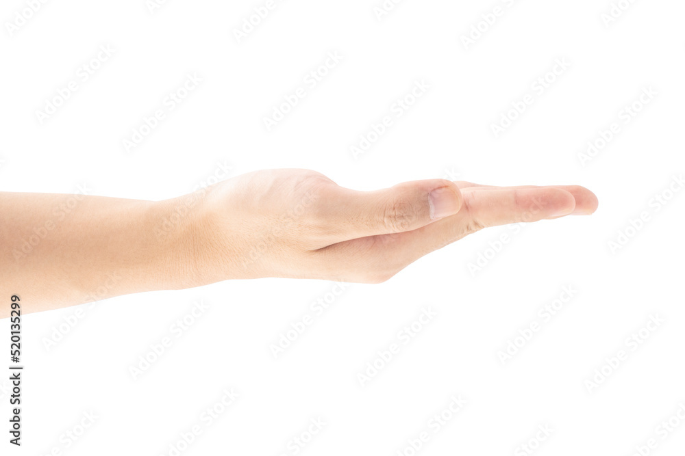 Close-up shot from the side view of open the palm of the hand, Isolated on white background, Clipping path Included.