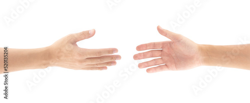 Close-up photo of the two hands reaching out to shake hands, Isolated on white background, Clipping path Included.