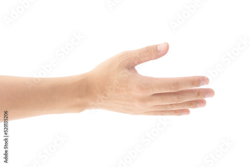 Close-up photo of a hand outstretched in front, Isolated on white background, Clipping path Included.