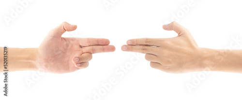 A close-up shot of two hands outstretched gesturing like guns pointed at each other, Isolated on white background, Clipping path Included.