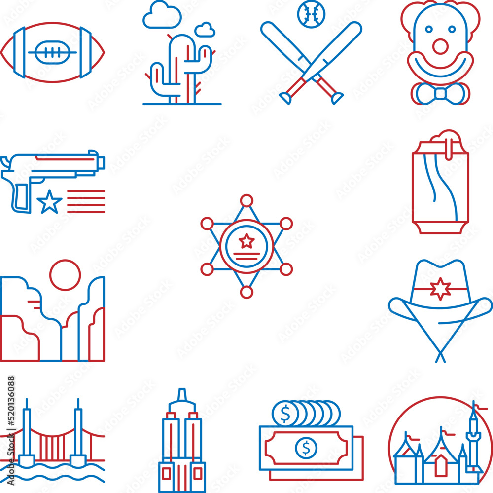 USA, sheriff icon in a collection with other items USA, sheriff icon in a collection with other items