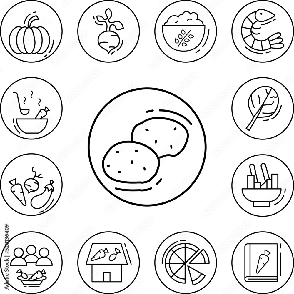 Potato, vegan icon in a collection with other items Potato, vegan icon in a collection with other items