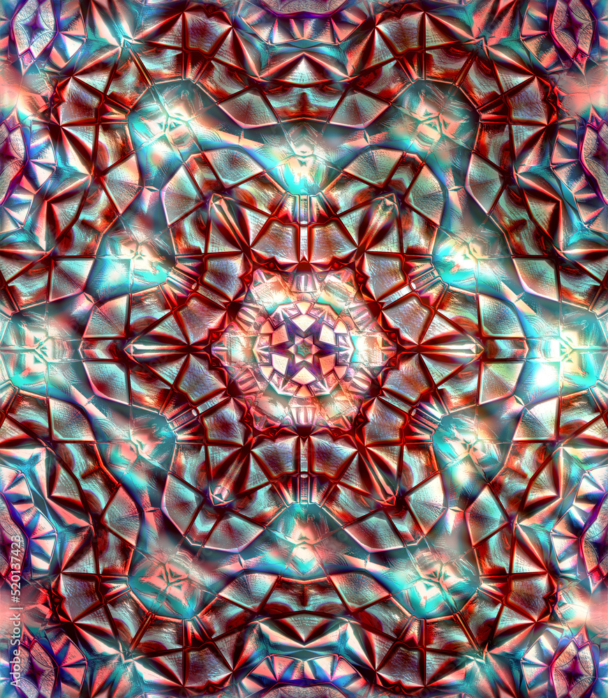 Rough beaten metal style kaleidoscope with traces of burnt red and cyan blue mist 