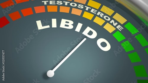 Libido and testosterone meter scales. The libido level measuring device. Dependence of sexual activity on testosterone levels. 3D render photo