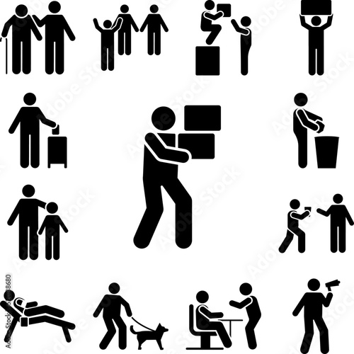 Man move boxes icon in a collection with other items