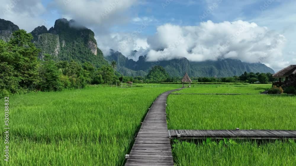 Wooden path and green rice field in Vang Vieng, Laos. Wooden path and green rice field in Vang Vieng, Laos.
