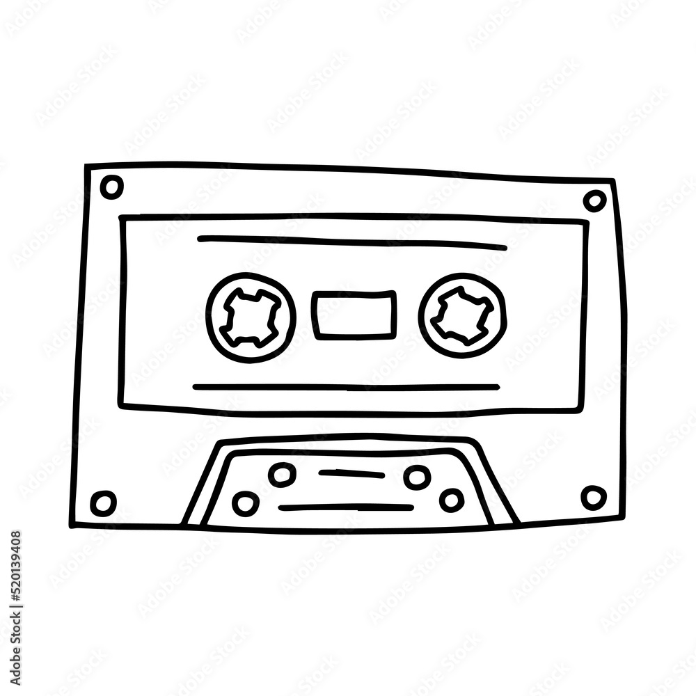 Hand drawn vector Retro compact tape cassette. Doodle audio cassette 90's style illustration Hand drawn vector Retro compact tape cassette. Doodle audio cassette 90's style illustration