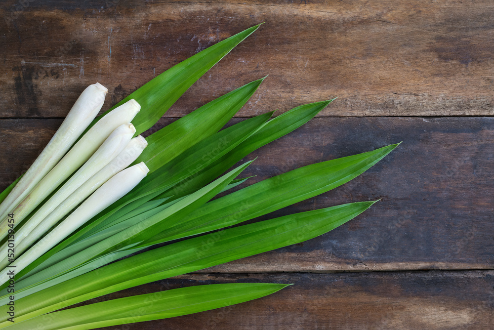 Lemongrass and fresh pandan leaves on wooden tabel Lemongrass and fresh pandan leaves on wooden tabel