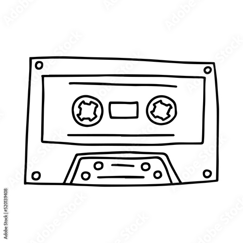 Hand drawn vector Retro compact tape cassette. Doodle audio cassette 90 s style illustration