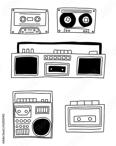 Doodle set of old school tape recorders and boombox vector illustration. 90's pop disco tape recorders set