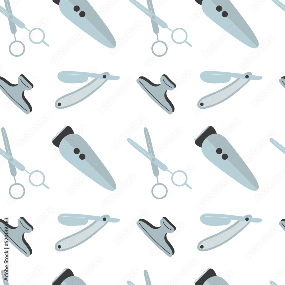 Barbershop vector flat style seamless pattern. Hair trimmer, scissors. razor shaving isolated on white background. Barbershop vector flat style seamless pattern. Hair trimmer, scissors. razor shaving isolated on white background.