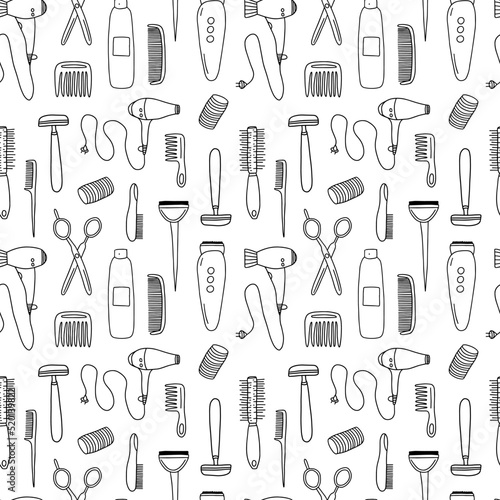 Doodle hair salon seamless pattern isolated on white background. Hand drawn vector barbershop elements seamless pattern