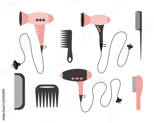 Hair salon vector tools set. Hair dryer and comb kinds flat illustration set.
