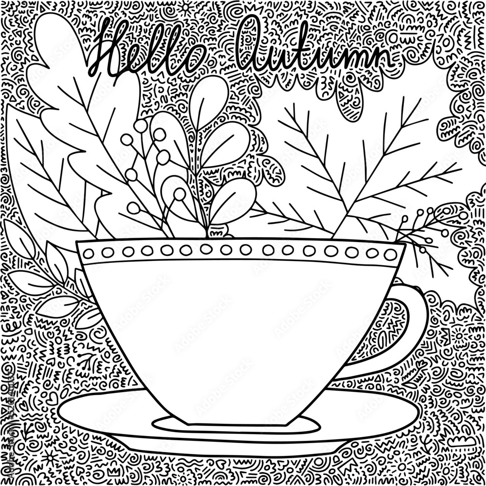 Hello autumn vector coloring page with cup of coffee and autumn leaves ...