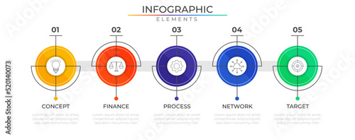 Annual connect  five steps infographic elements concept design vector with icons. Business workflow network project template for presentation and report.