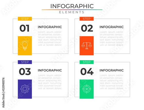 Four steps workflow infographic elements concept design vector with icons. Network project template for presentation and report.