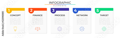 Five steps infographic elements concept design vector with icons. Business workflow network project template for presentation and report.