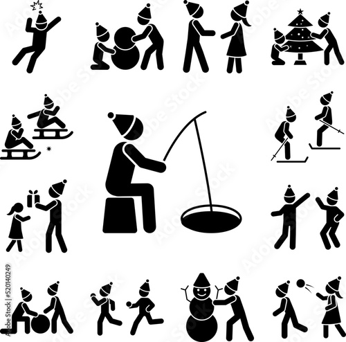 Man catches fish on ice icon in a collection with other items